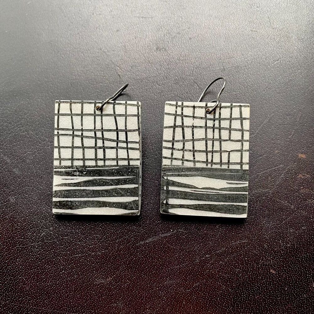 Polymer Clay Large Square Abstract Earrings Black & Pearl White